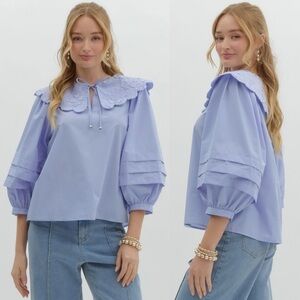 ENTRO / NWT Blue V Neck Scallop Oversized Collar Top
